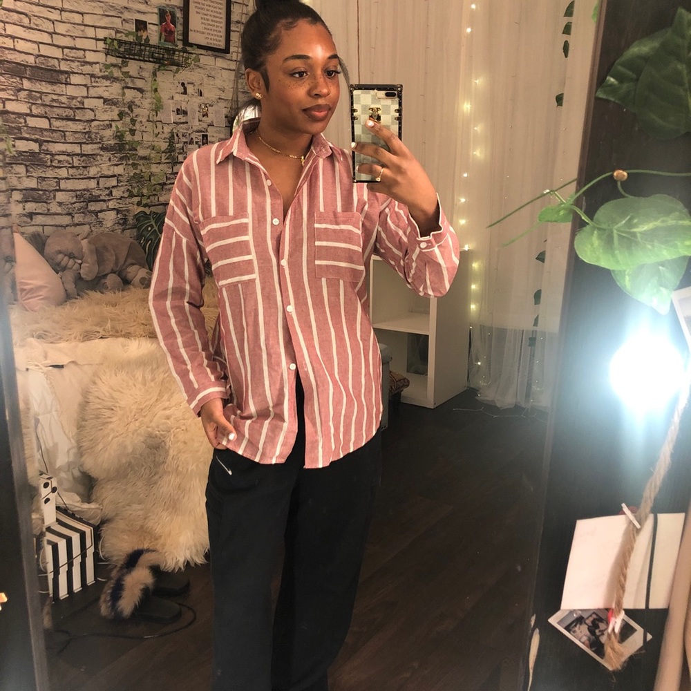 SALMON STRIPED BUTTON DOWN - Picture 2 of 4